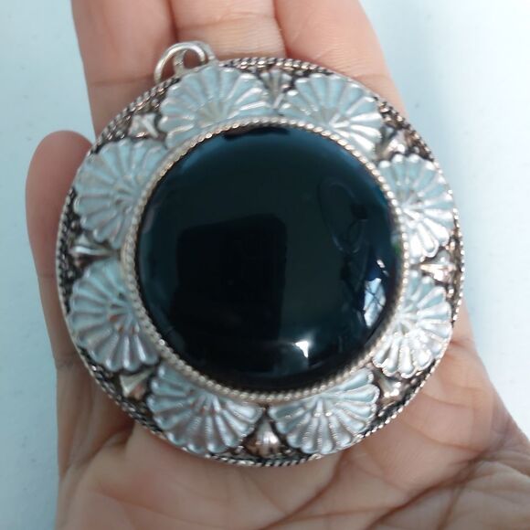Vintage Jewelry - Vintage Signed Germany Large Round Pendant Scalloped Fan Shell Black Cabochon